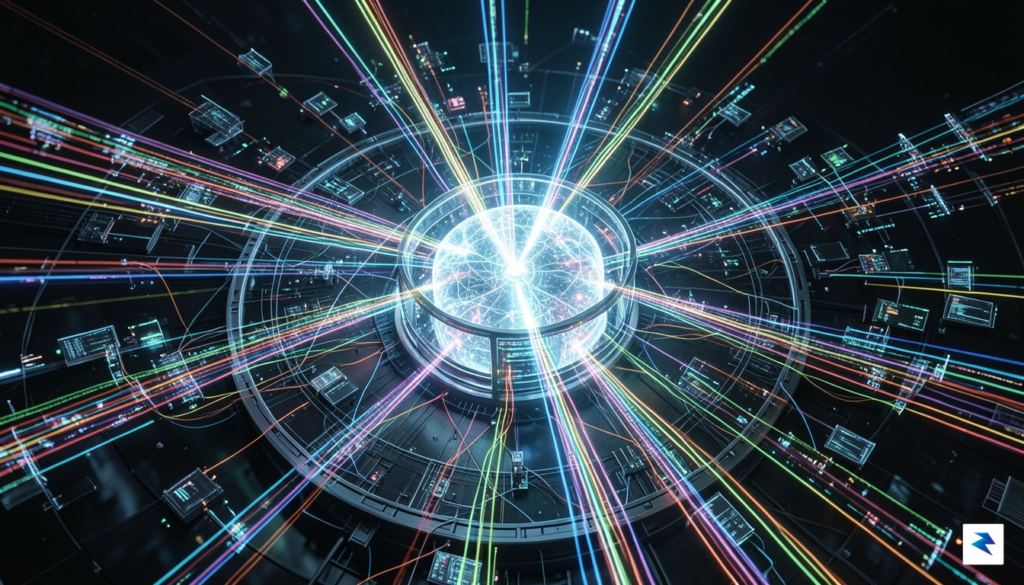A conceptual digital visualization showing interconnected data streams flowing through&hellip;