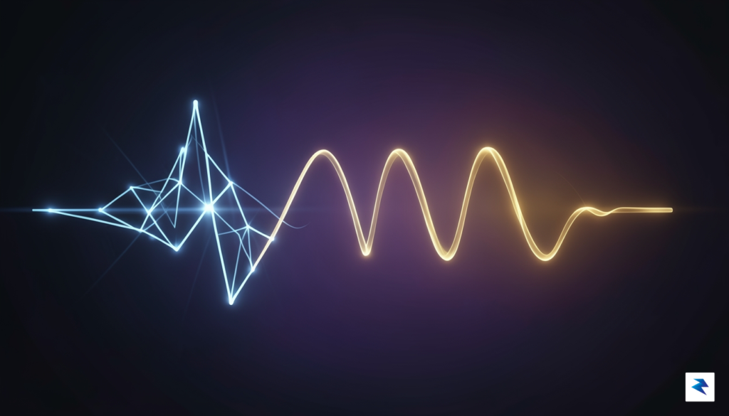 A conceptual digital illustration showing a glowing, neural-network-inspired voice wave&hellip;