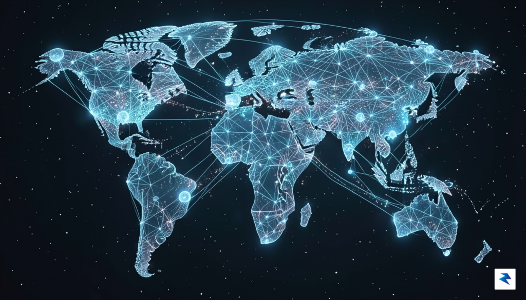 A high-tech digital visualization of a global network mesh connecting&hellip;
