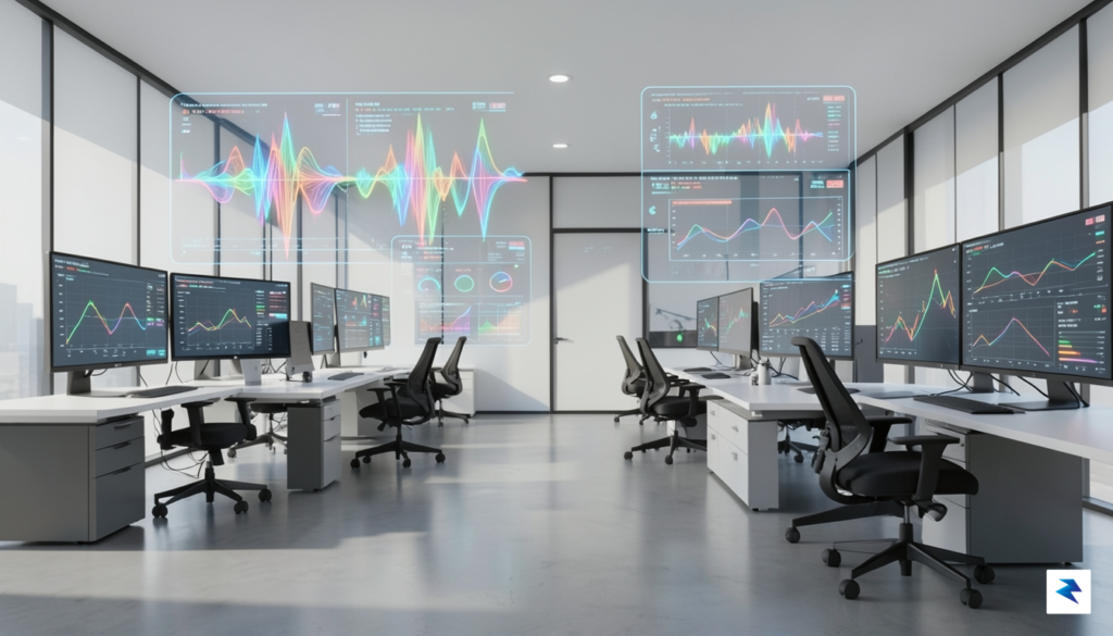 A modern, high-tech office space with holographic interfaces displaying intricate&hellip;