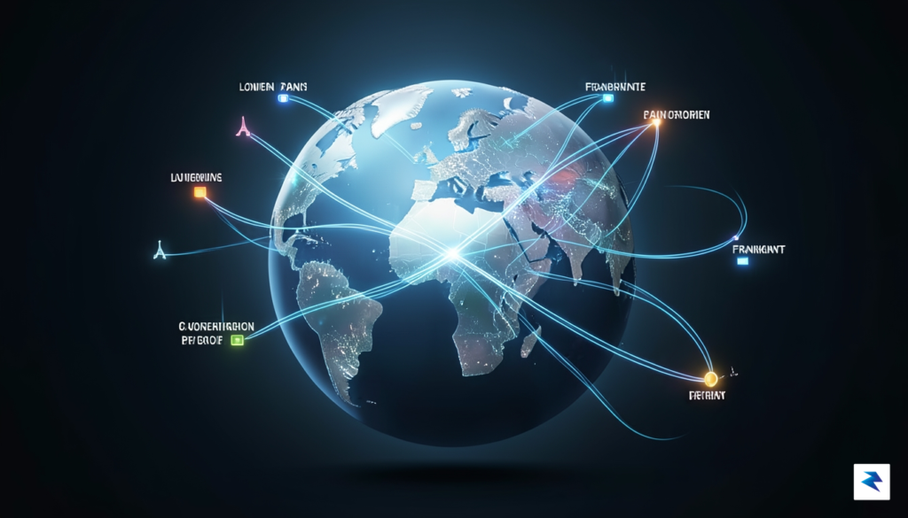 A professional digital visualization showing a futuristic digital globe connected&hellip;