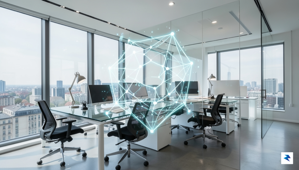 A modern, professional office setting in a European financial district,&hellip;