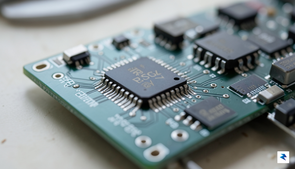 A detailed close-up shot of the RISCBoy circuit board, highlighting…