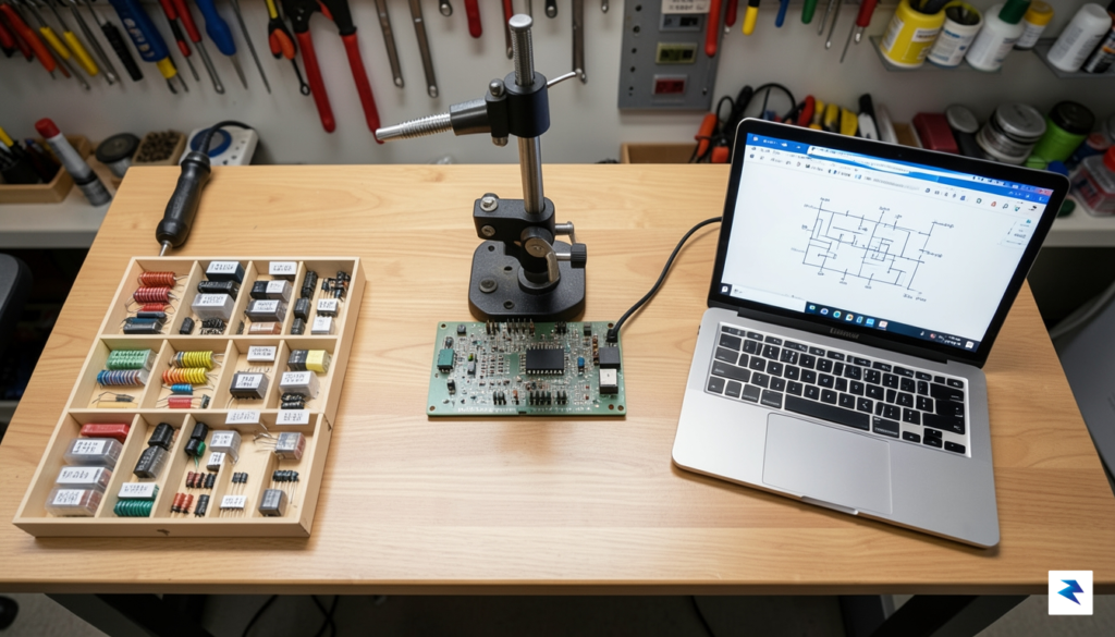A top-down, high-resolution workbench view showing an organized set of…