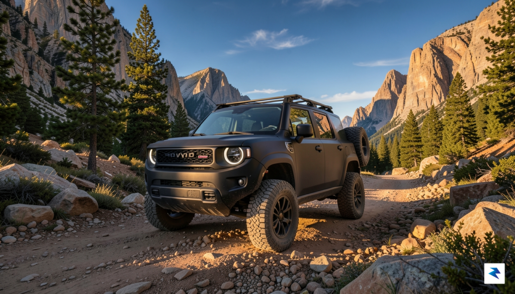 A wide-angle shot of a Rivian R1S parked on a&hellip;