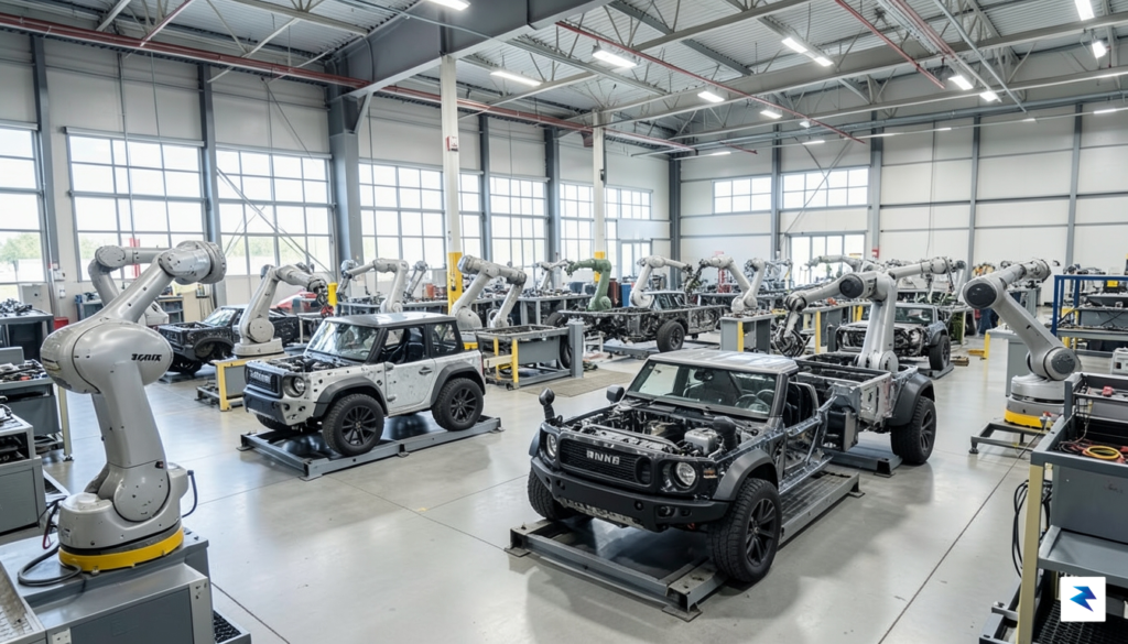 A wide-angle, high-resolution photograph of the Rivian manufacturing plant floor&hellip;