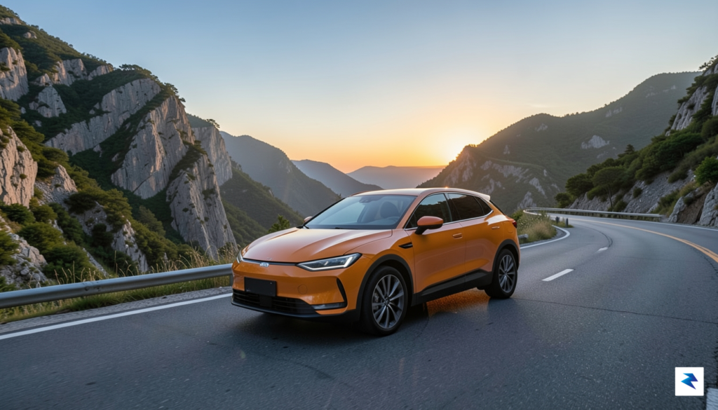 A sleek, modern electric SUV parked on a scenic mountain&hellip;