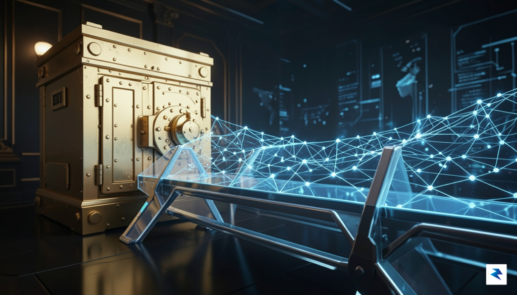A sleek, high-tech digital graphic representing a bridge connecting a&hellip;
