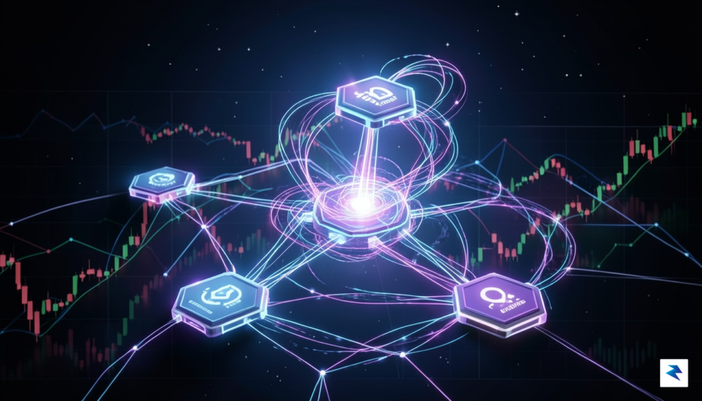A conceptual digital illustration showing multiple interconnected glowing blockchain nodes&hellip;