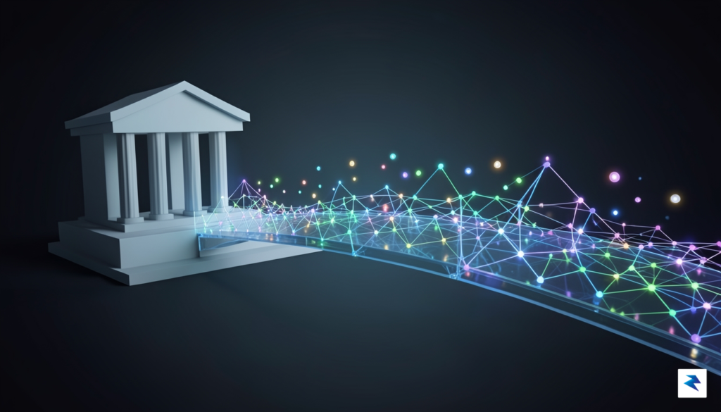 A sleek, modern digital visualization showing a bridge connecting a&hellip;