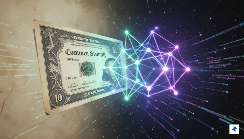 A conceptual digital visualization showing a traditional stock certificate morphing&hellip;