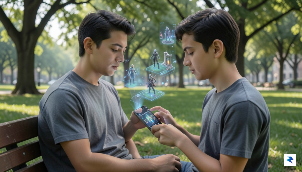 A young person sitting in a park using a smartphone…