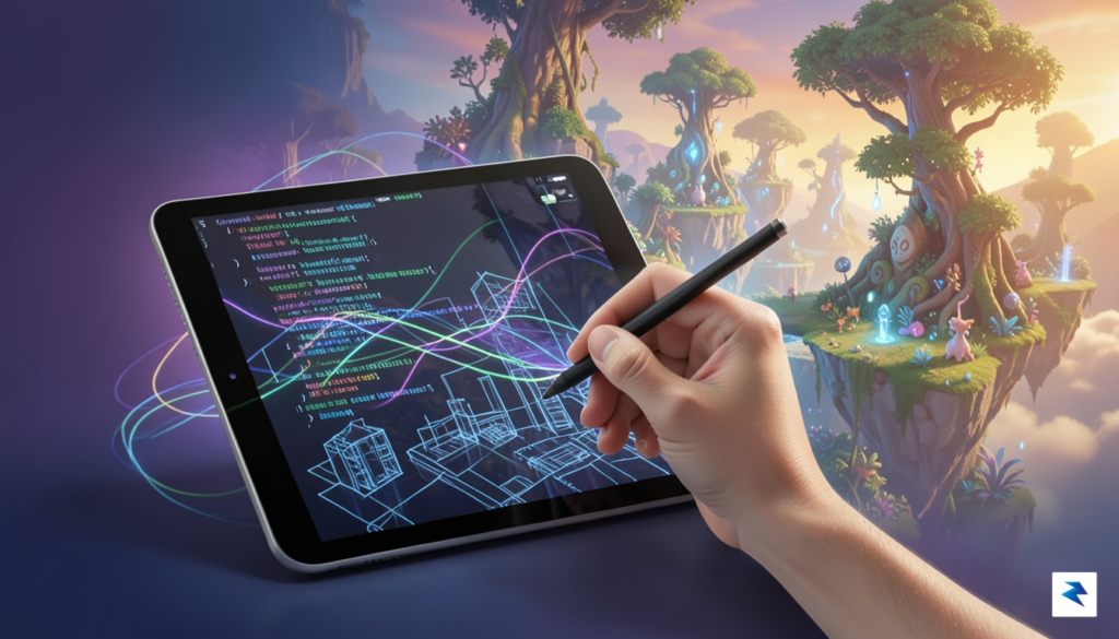 A conceptual digital illustration showing a human hand sketching on…