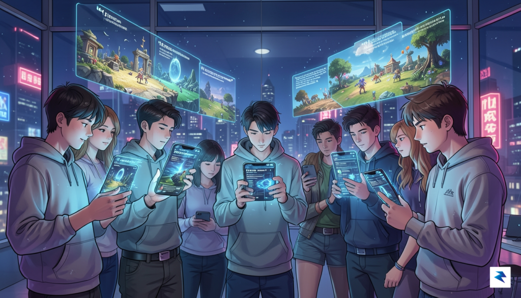 A vibrant, high-tech digital illustration showing a diverse group of…