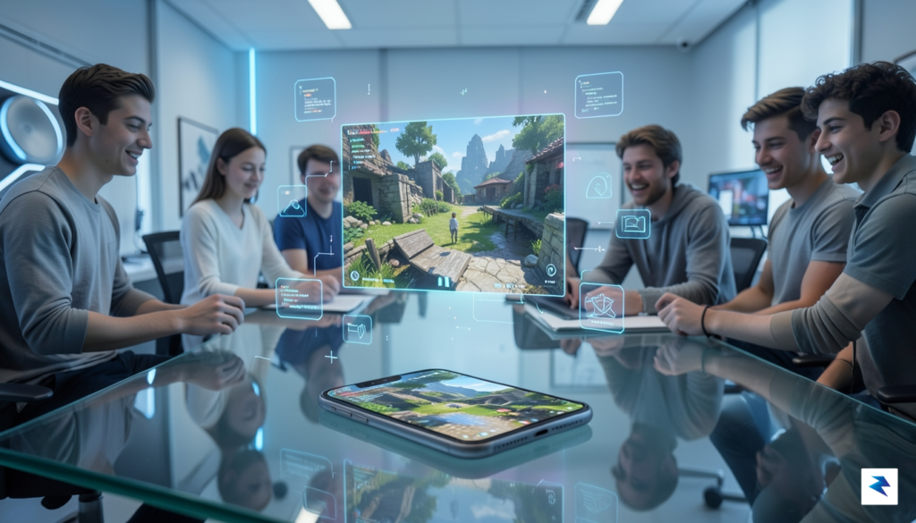 A vibrant, futuristic digital workspace showing a smartphone screen projecting…