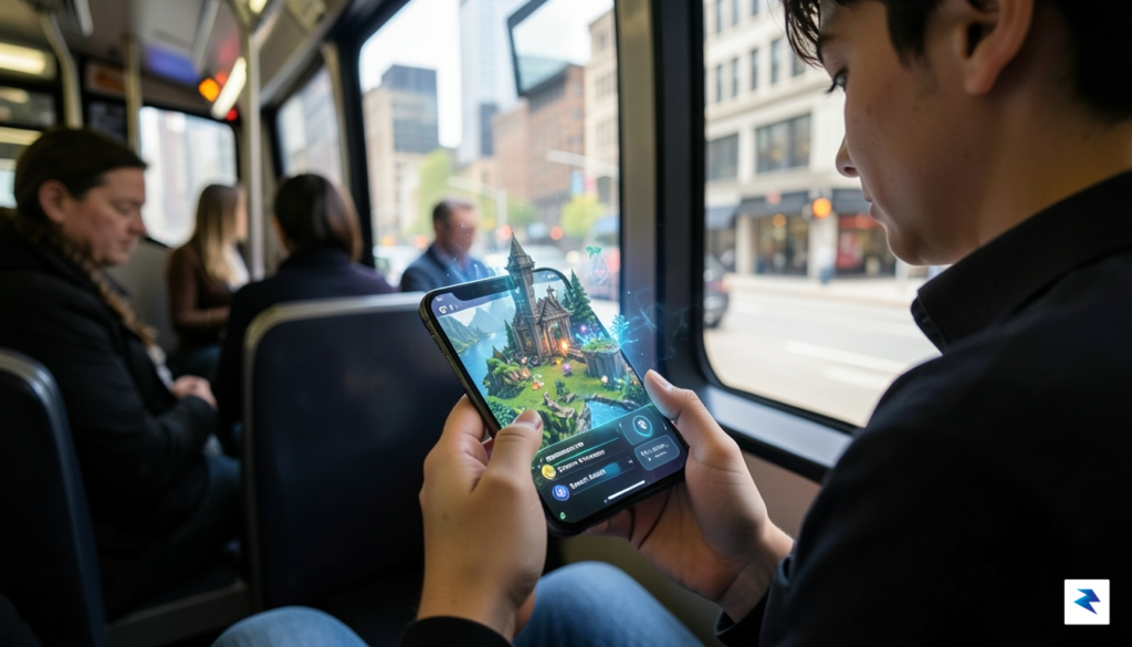 A person holding a smartphone on a bus, with a&hellip;