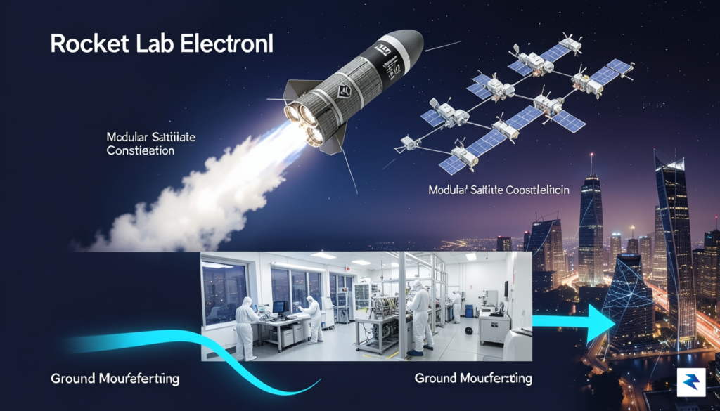 A sleek, high-tech infographic showing a Rocket Lab Electron rocket&hellip;