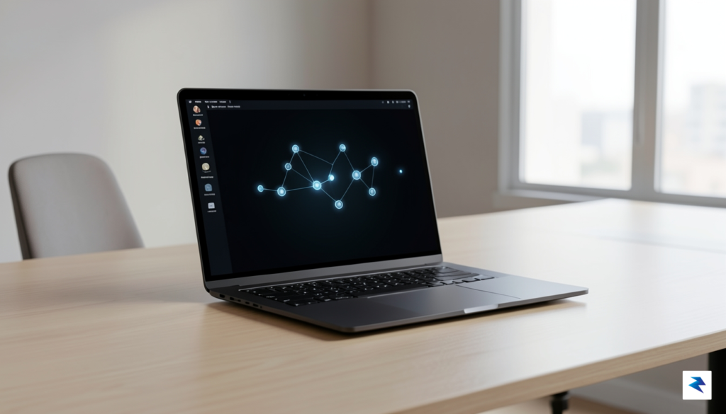 A clean, minimalist workspace featuring a high-end laptop running a…