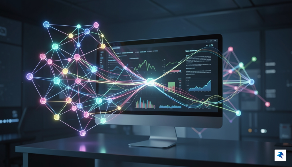 A conceptual digital visualization showing a glowing, interconnected knowledge graph…