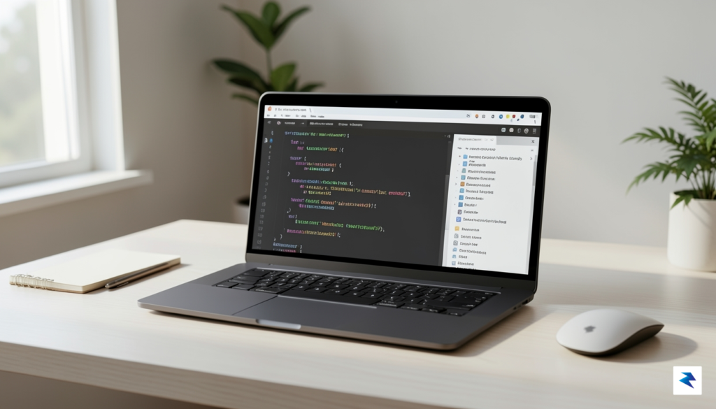 A clean, minimalist desk setup featuring a laptop open to…