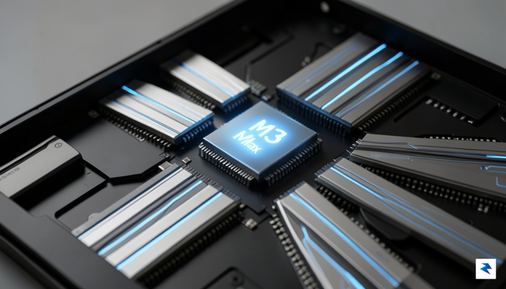 A close-up view of a high-end MacBook Pro internal architecture,…