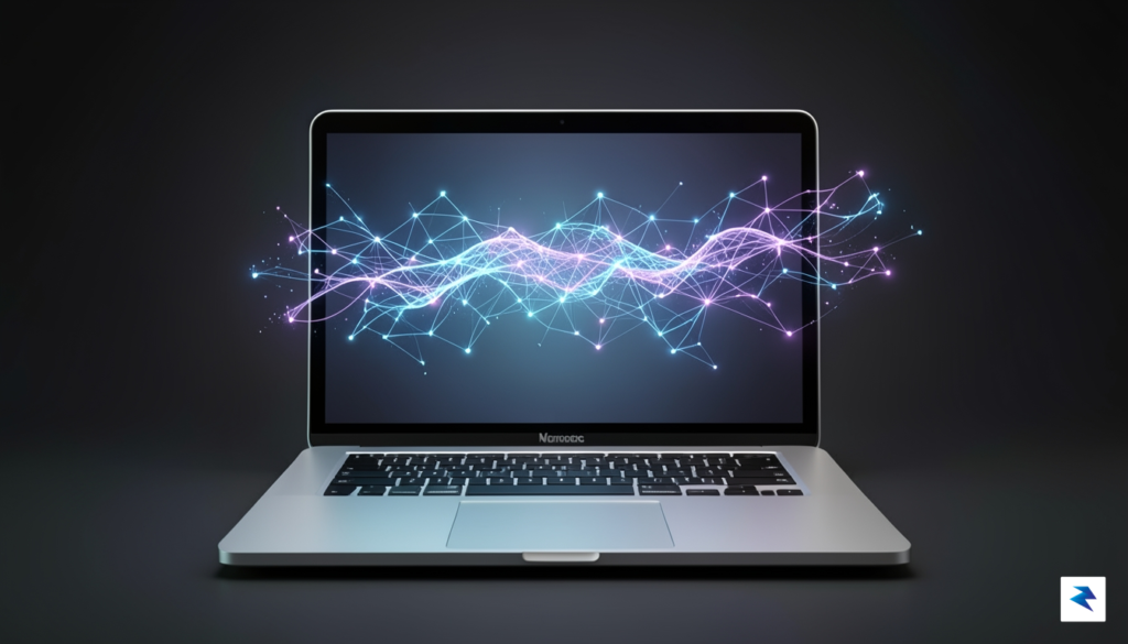 A conceptual digital illustration showing a clean, sleek Mac laptop…