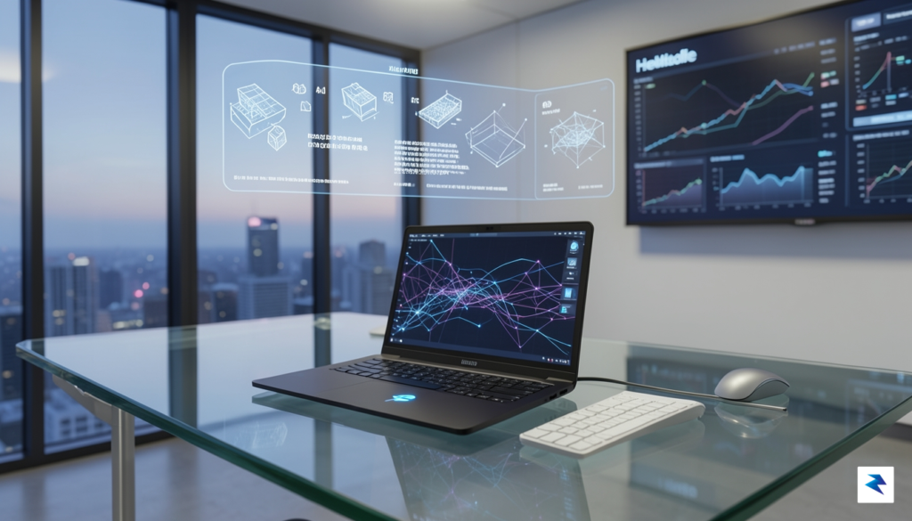 A conceptual, high-tech workspace featuring a sleek laptop with a…