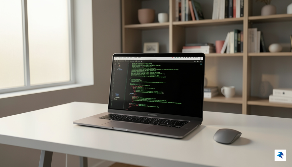 A sleek, professional workspace featuring a MacBook Pro displaying a…