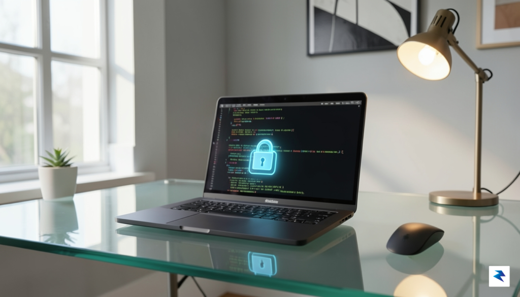 A sleek, modern workspace featuring a high-end Mac laptop displaying…