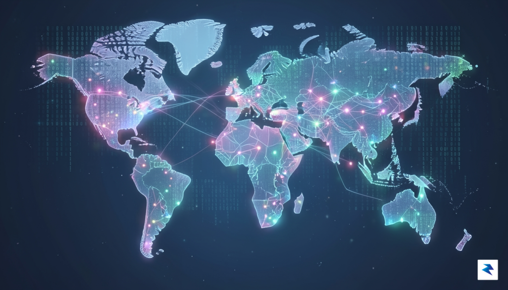 A digital illustration showing a glowing, interconnected global map with&hellip;