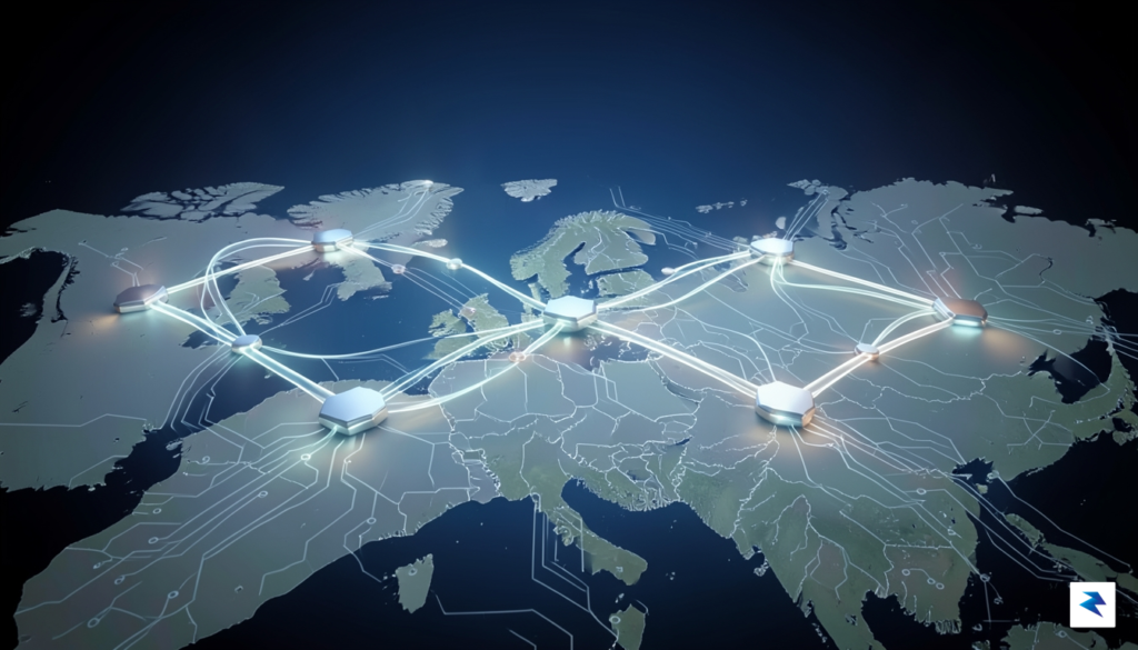 A conceptual digital art piece showing a glowing, stylized blockchain&hellip;