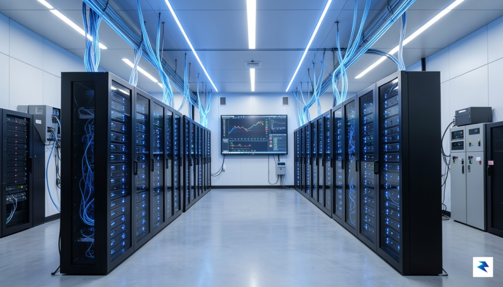 A modern, high-tech server room data center with glowing blue&hellip;