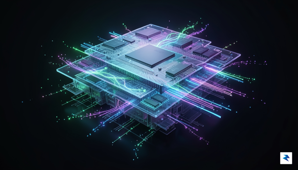 A high-tech, abstract visualization of a modular processor chip glowing&hellip;