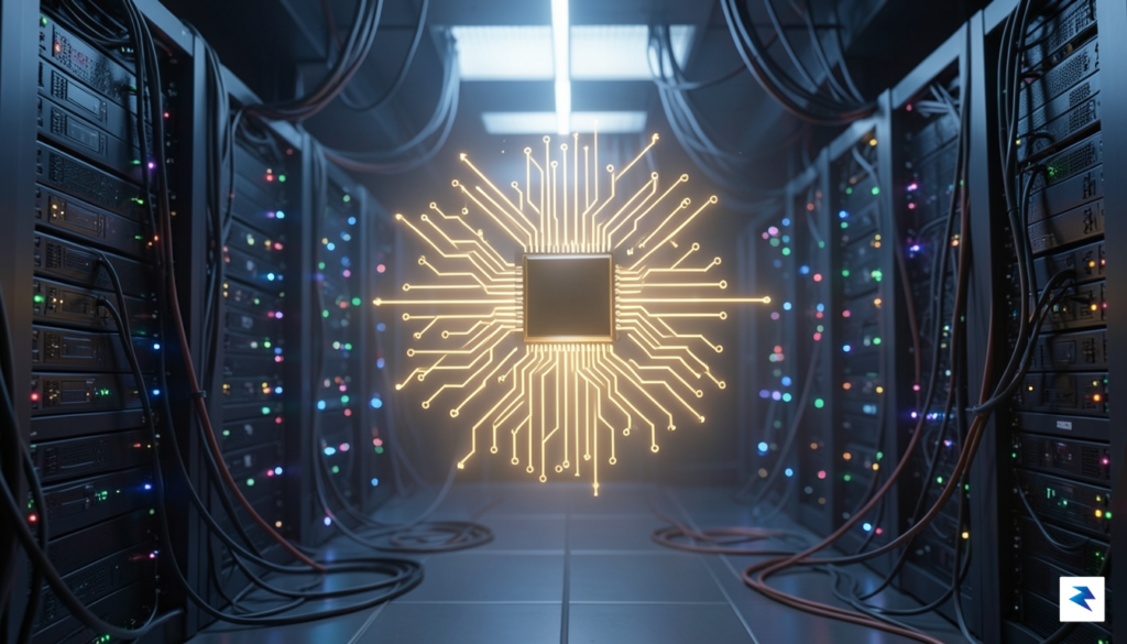 A conceptual representation of a glowing, futuristic microchip glowing with&hellip;