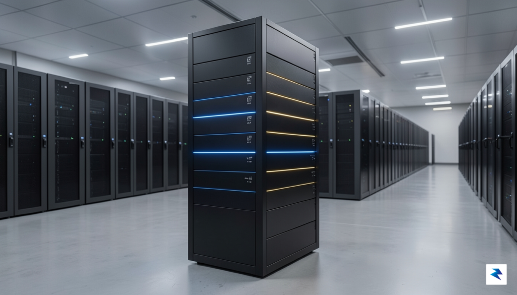 A sleek, futuristic server rack glowing with blue and gold&hellip;