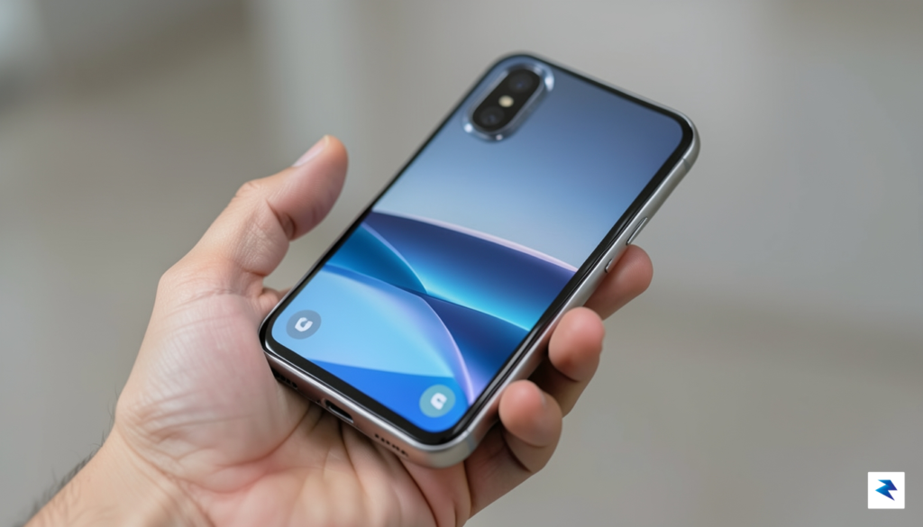 A sleek, high-resolution render of a folded smartphone held in…