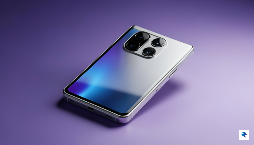 A sleek, futuristic conceptual render of a premium foldable smartphone…