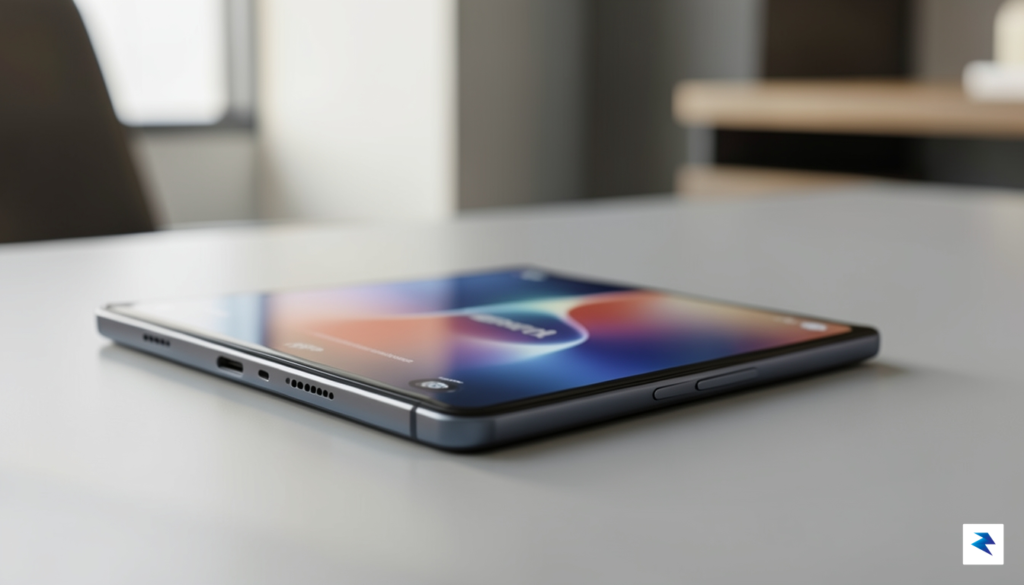 A sleek, professional studio shot of the Samsung Galaxy Z…