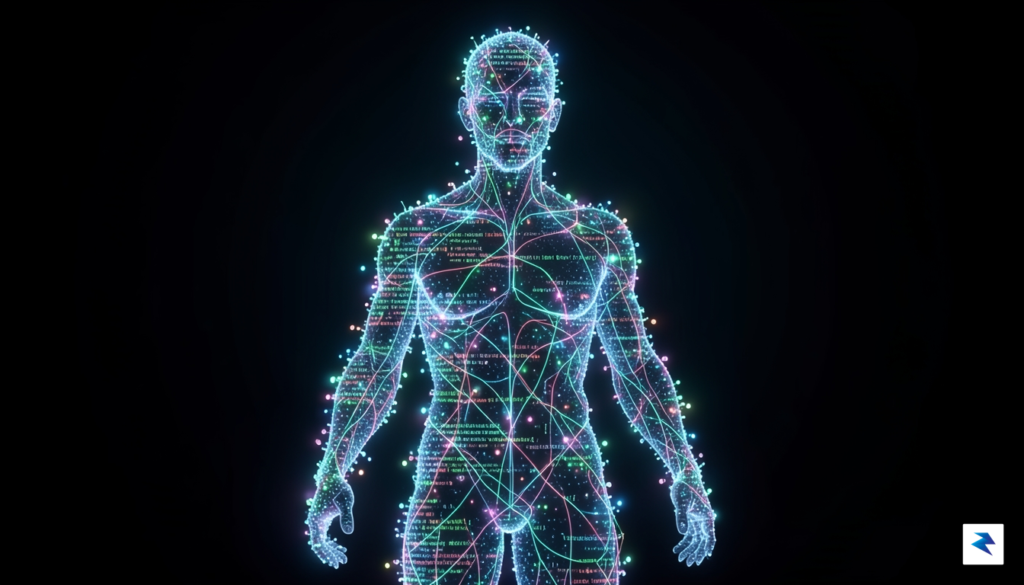 A conceptual digital illustration showing a glowing human silhouette composed…