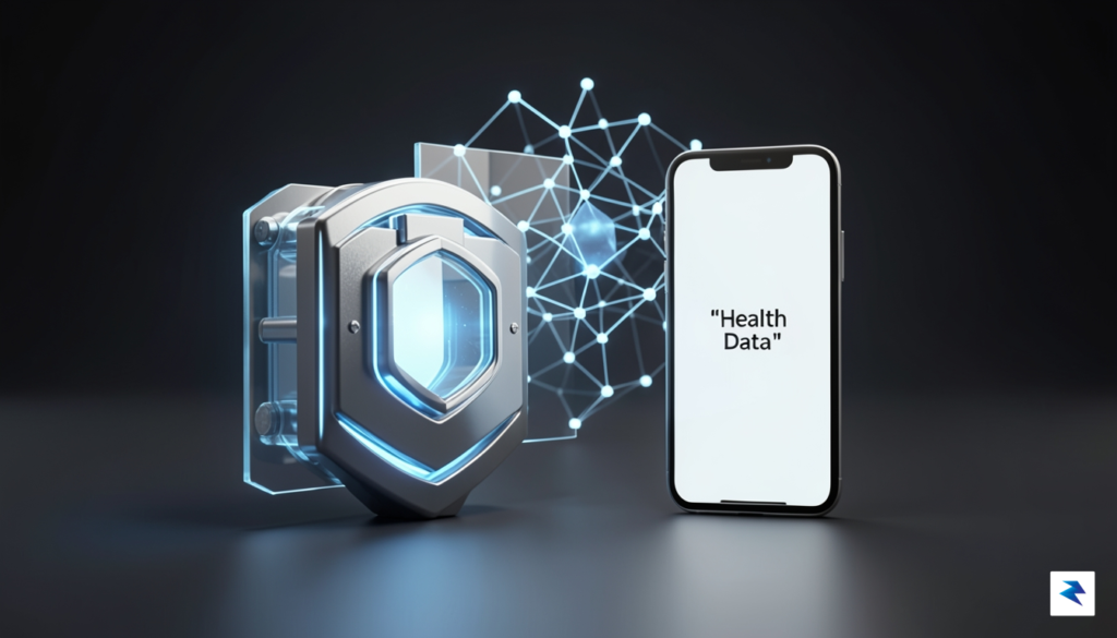 A conceptual 3D render showing a secure digital vault icon…
