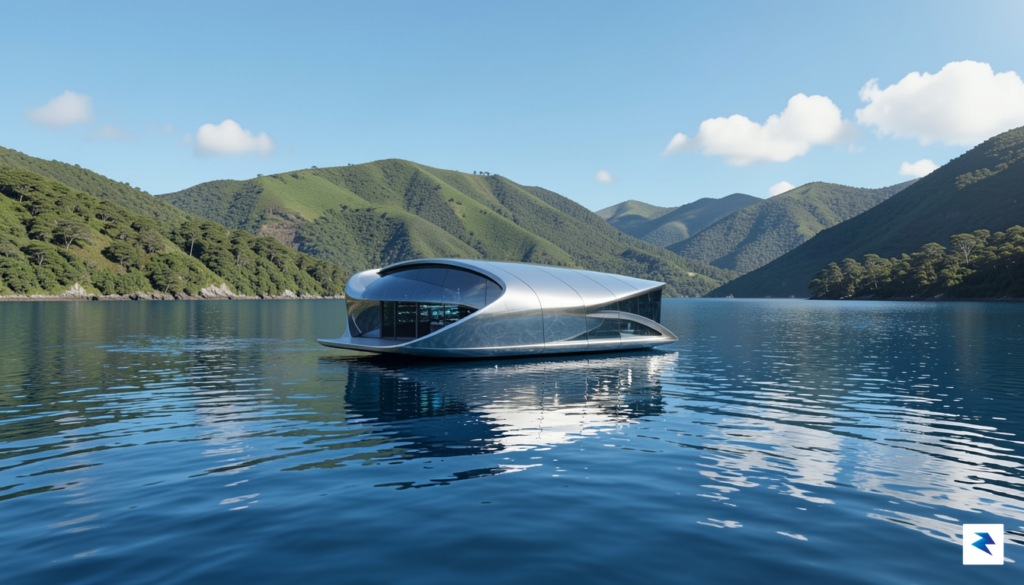 A conceptual image showing a sleek, modern floating data center…