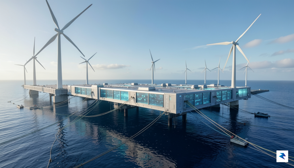 A futuristic floating data center platform on the ocean, surrounded…