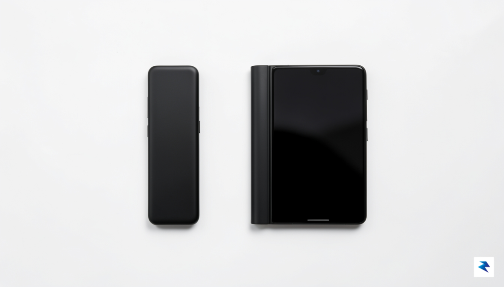 A sleek, top-down comparison shot showing a thin foldable smartphone&hellip;