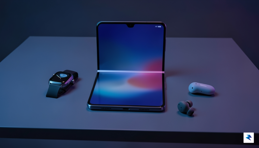 A sleek, professional studio shot of a Samsung foldable smartphone&hellip;