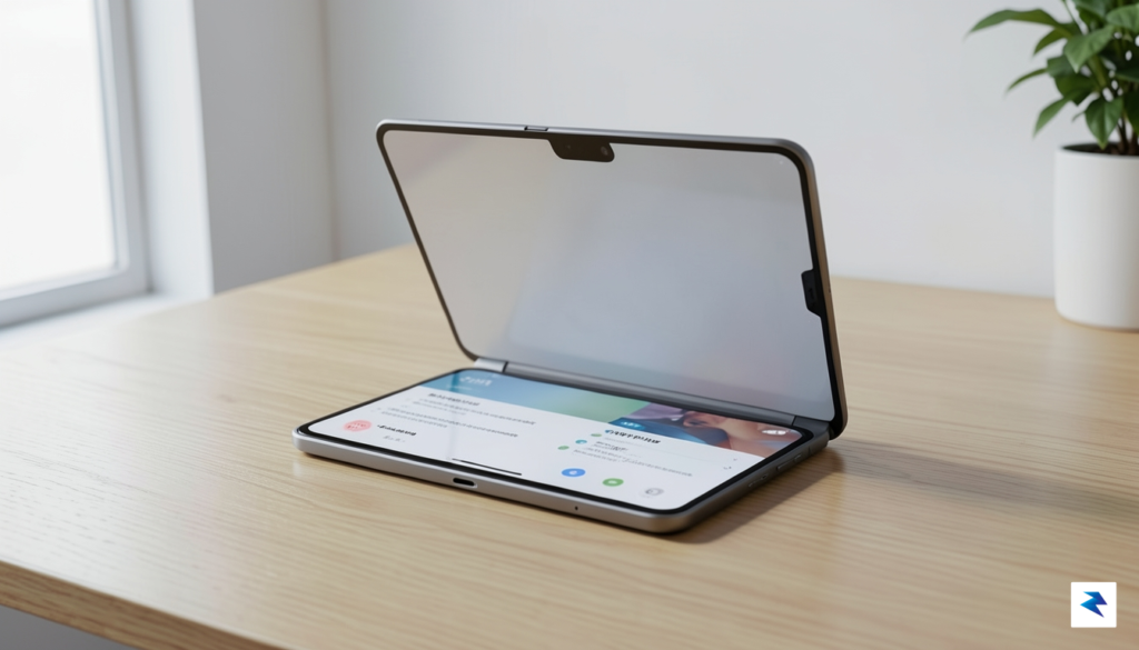A sleek, high-resolution render of a wider foldable smartphone lying&hellip;