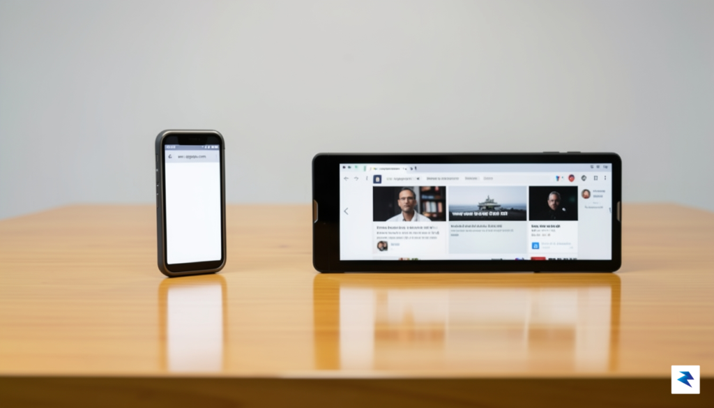 A conceptual studio shot comparing a narrow, legacy foldable smartphone&hellip;