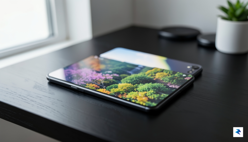 A sleek, high-resolution close-up of a wide-format foldable smartphone resting&hellip;