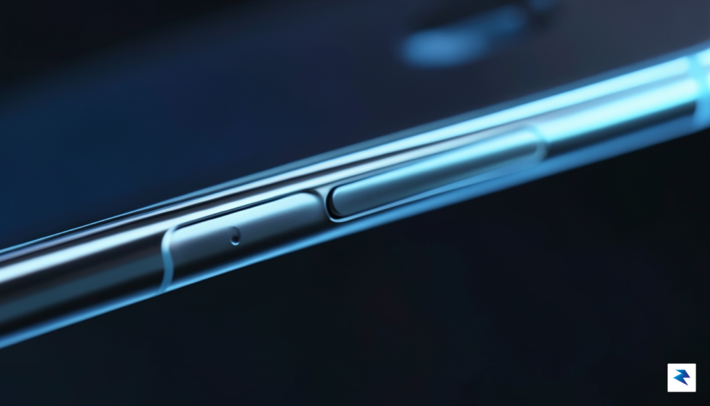 A high-tech, cinematic close-up of a sleek, metallic smartphone hinge&hellip;