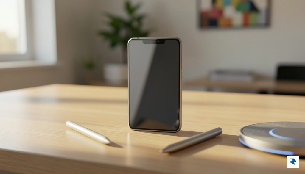 A conceptual render of a sleek, thin foldable smartphone sitting&hellip;
