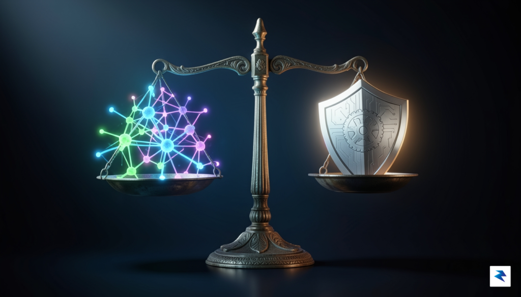 A conceptual digital illustration showing a balance scale, with glowing&hellip;